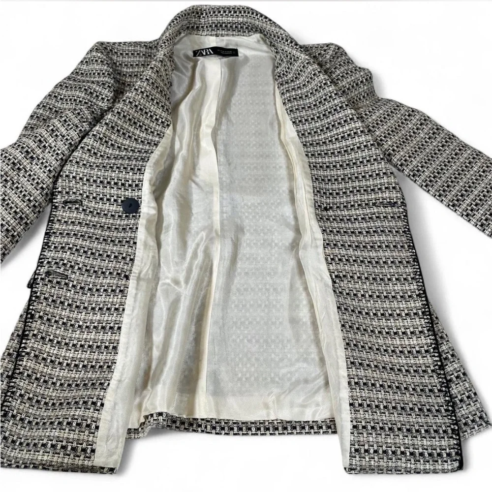 Zara Tweed Double-Breasted Blazer Gold Crest Buttons Size M Preppy‎
